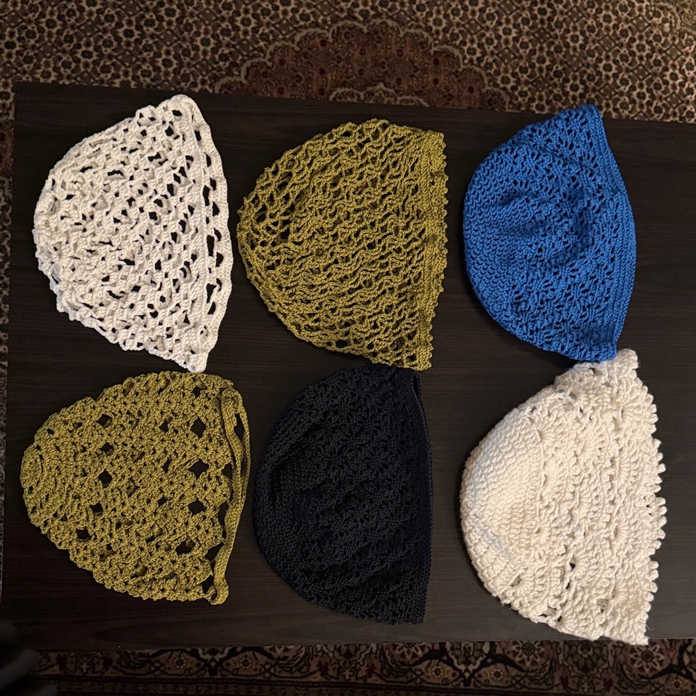 Crochet Beanie Set - Blue, White, Green